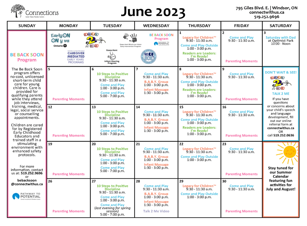 Monthly Calendar & Program Schedule - Connections Early Years Family Centre