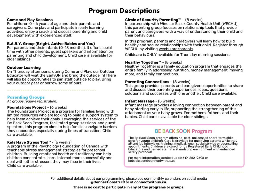 EarlyON Child and Family Centre Program - Connections Early Years ...